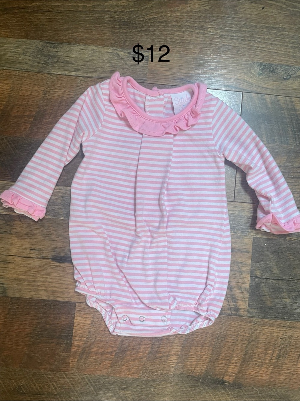 Stitchy Fish Pink Striped Ruffle Collar Baby Bubble Romper.